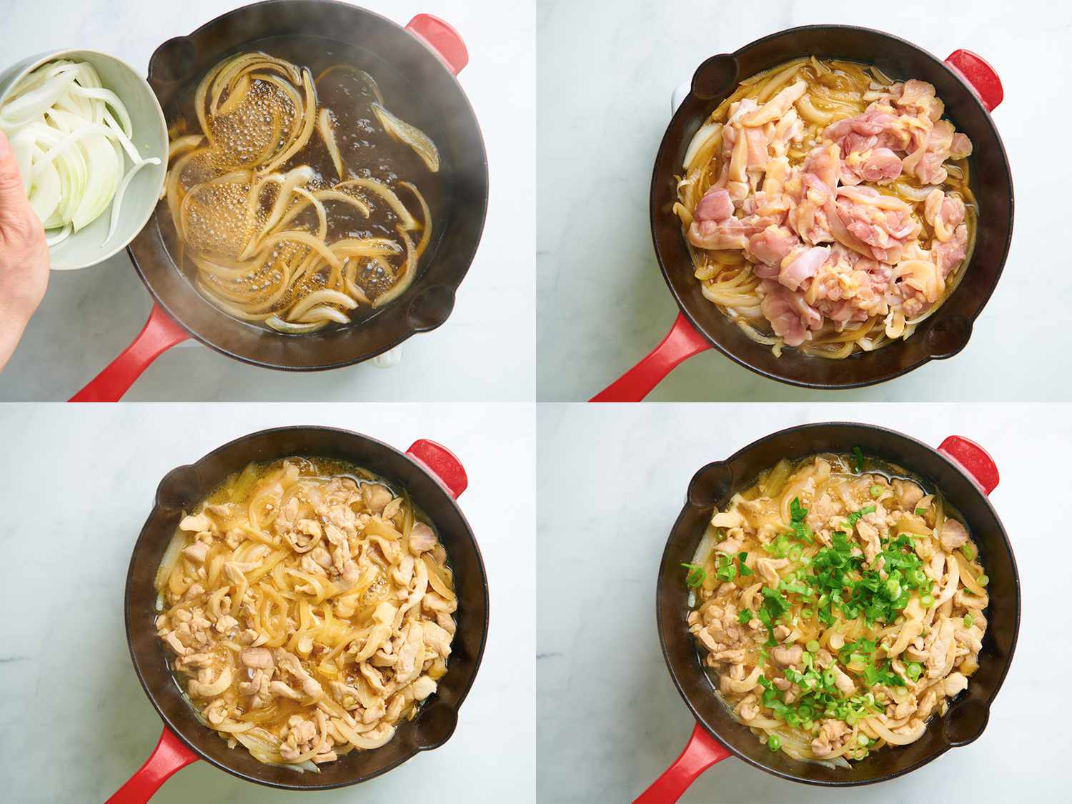 四幅拼贴画，展示了最初的日式日式鱼的烹饪步骤。左上角的图片显示的是洋葱在肉汤中煮熟。右上方的图片显示的是未煮熟的鸡肉，添加到盛洋葱的锅中。左下角的图片显示了锅里煮好的鸡肉、洋葱和肉汤。右下方的图片显示了煮熟的鸡肉、洋葱和上面撒有葱花的肉汤。gydF4y2Ba