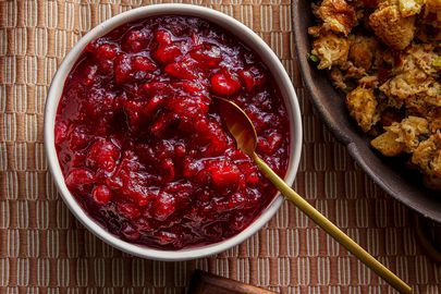 完成的蔓越莓酱放在一个小碗里，旁边是一碗馅，用金勺子
