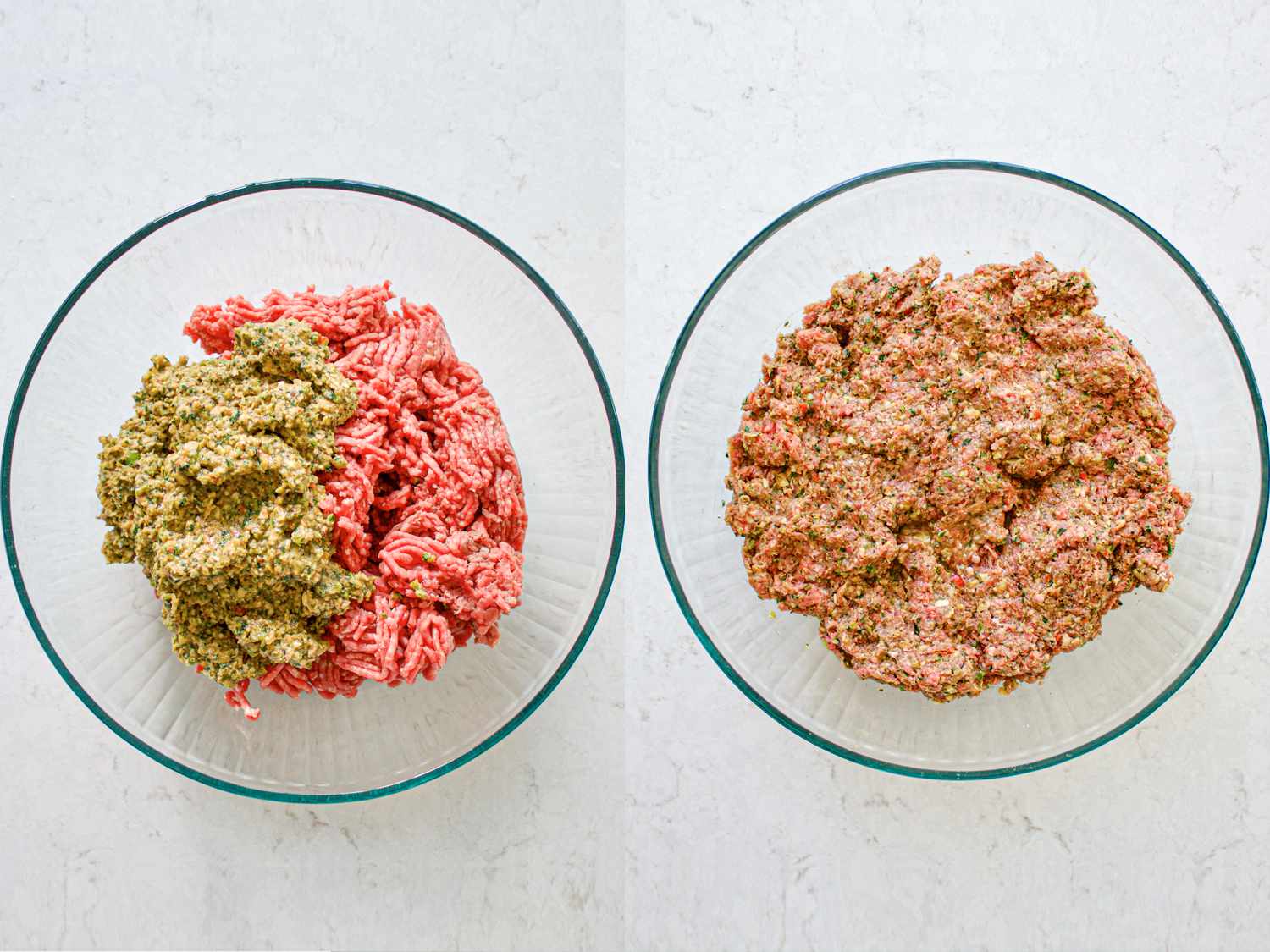 两个图像拼贴的碎肉和蔬菜和香料混合物，前后混合在一个玻璃碗