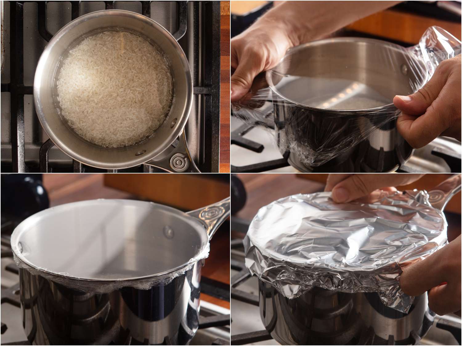 拼贴:一锅白米饭和水;把保鲜膜紧紧地包在锅上;展示了保鲜膜的紧致和平整;用铝箔紧紧盖住的gydF4y2Ba