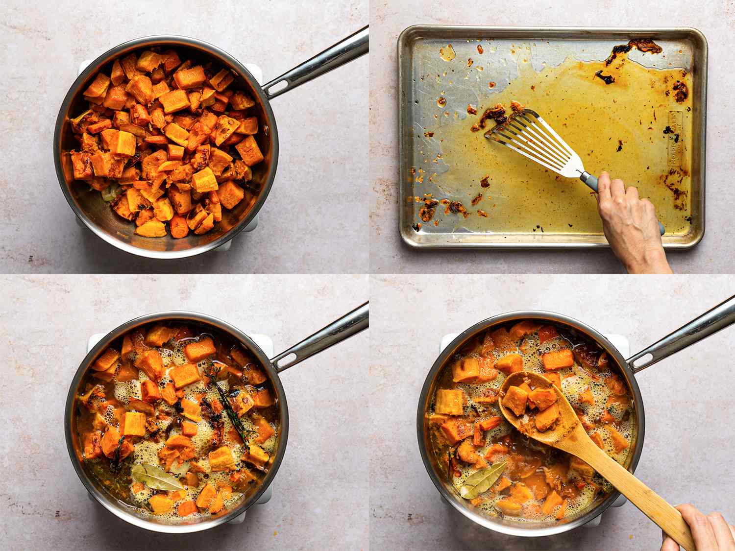 A four-image collage. The top left image shows squash and carrot added to the large saucepan containing the onion and garlic. The top right image shows a 1/2 cup of stock added to a baking sheet containing the browned bits of vegetables, which are being scraped up with a slotted spatula. The bottom left image shows stock with browned bits, remaining stock, thyme sprigs, and bay leaf inside of the large saucepan, simmering over medium-high heat. The bottom right image shows a wooden spoon lifting some of the cooked vegetables out of the saucepan, highlighting their texture.