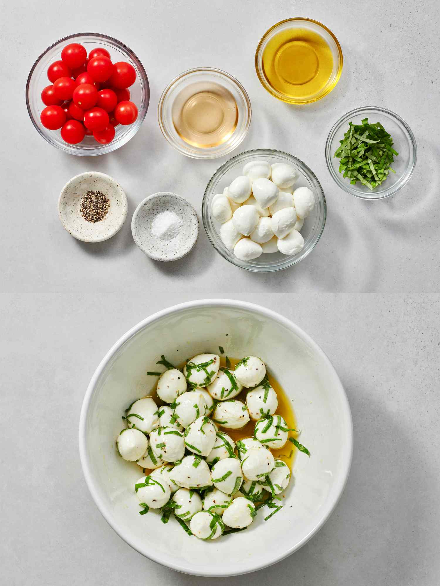 Mozzarella added to combined oil and basil inside bowl and seasoned with salt and pepper