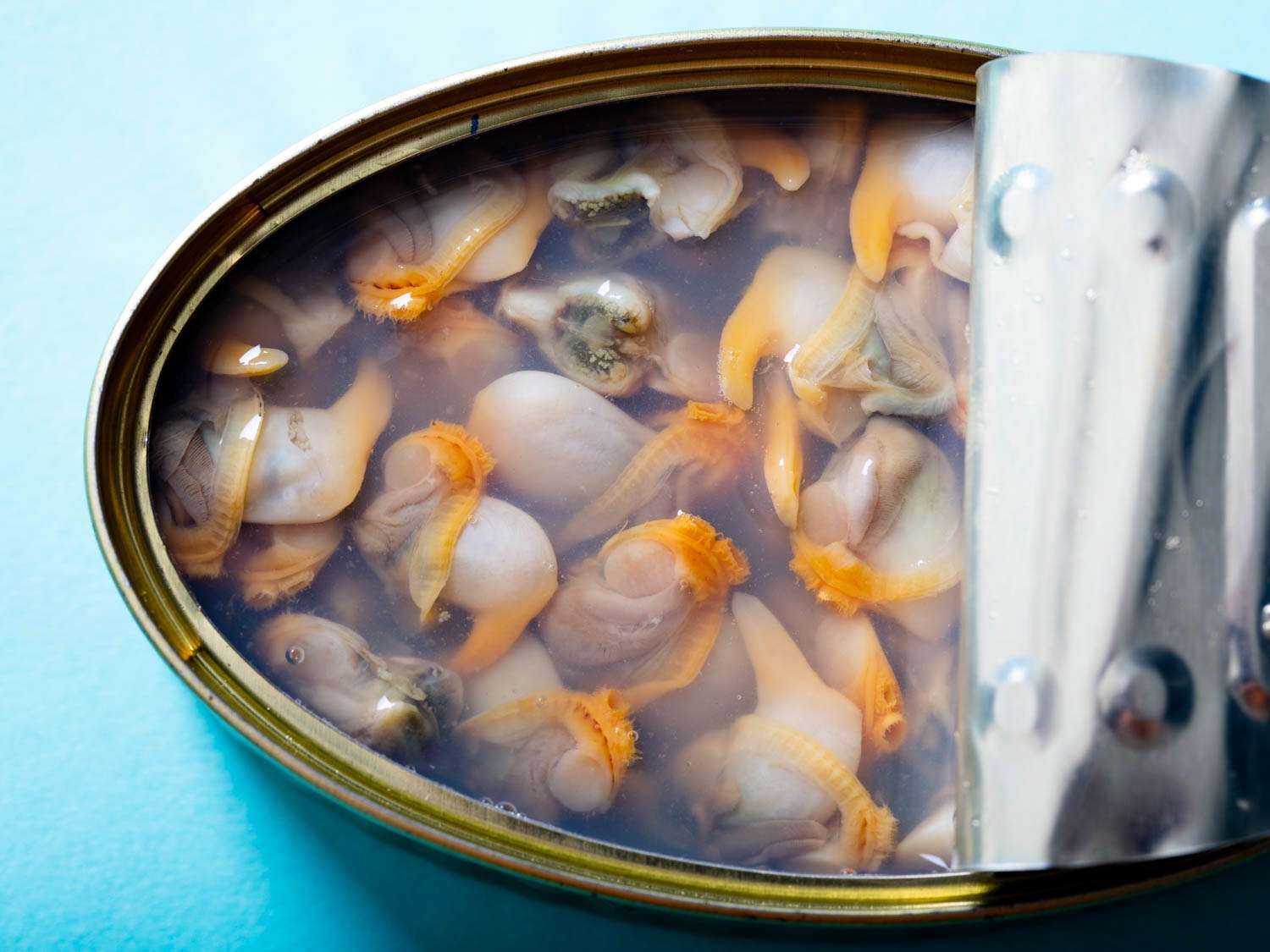 Close up of cockles in their tin.