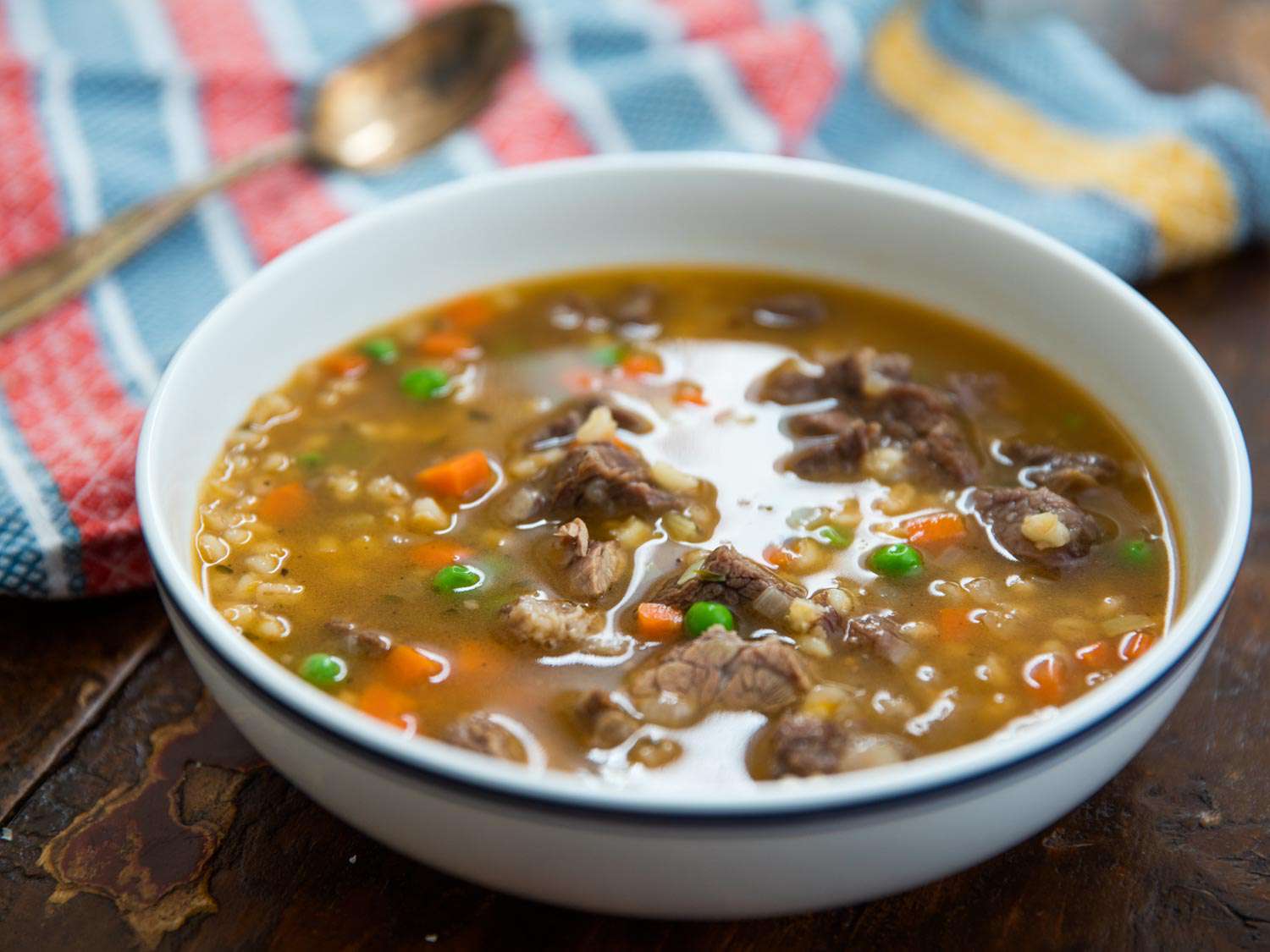 A bowl of pressure cooker beef and barley soup