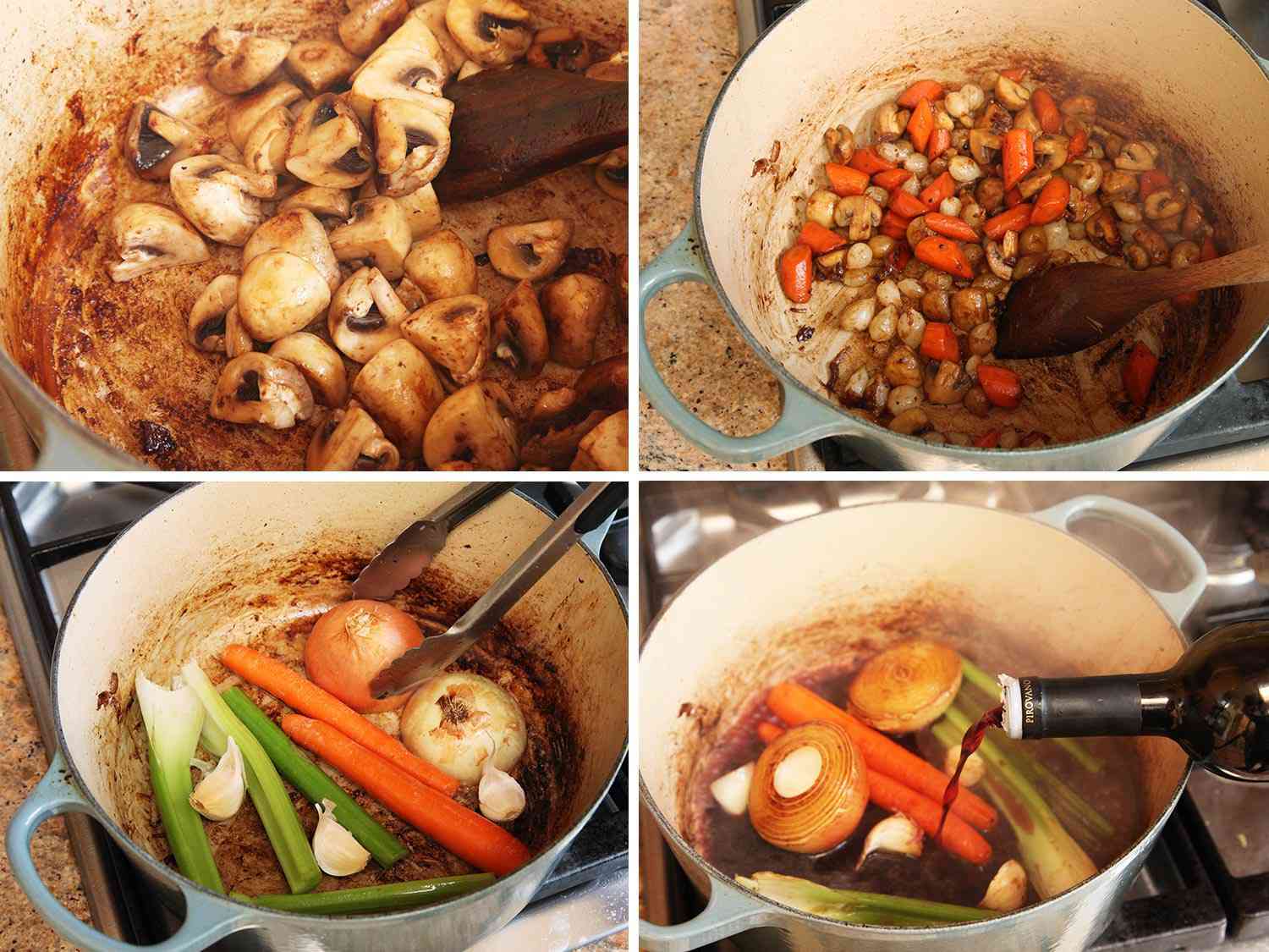 照片拼贴展示了sautéing蘑菇，sautéing胡萝卜和洋葱，以及在荷兰烤箱中为美式炖牛肉烤出的芳香蔬菜。gydF4y2Ba
