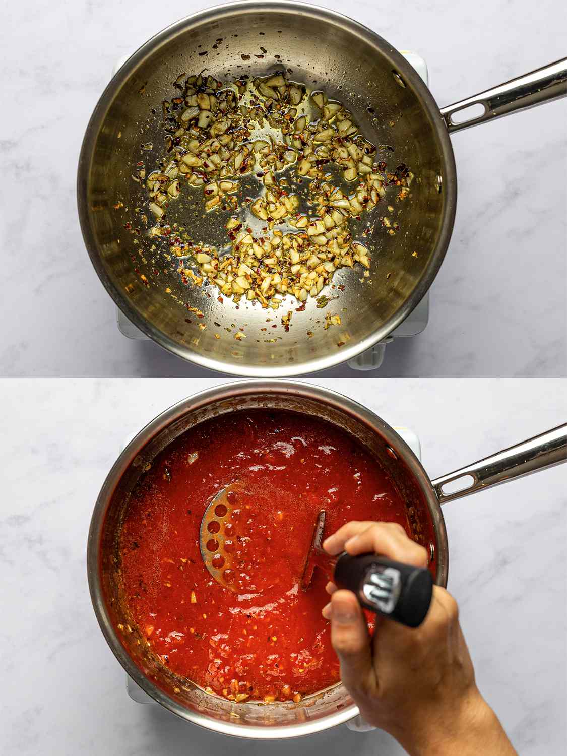 A two-image collage. The top image shows garlic, oregano, and red pepper flakes in a large saucepan once theyâre cooked in the oil and the garlic is softened. The bottom image shows tomatoes added to the same saucepan, being broken up with a potato masher held by a hand.