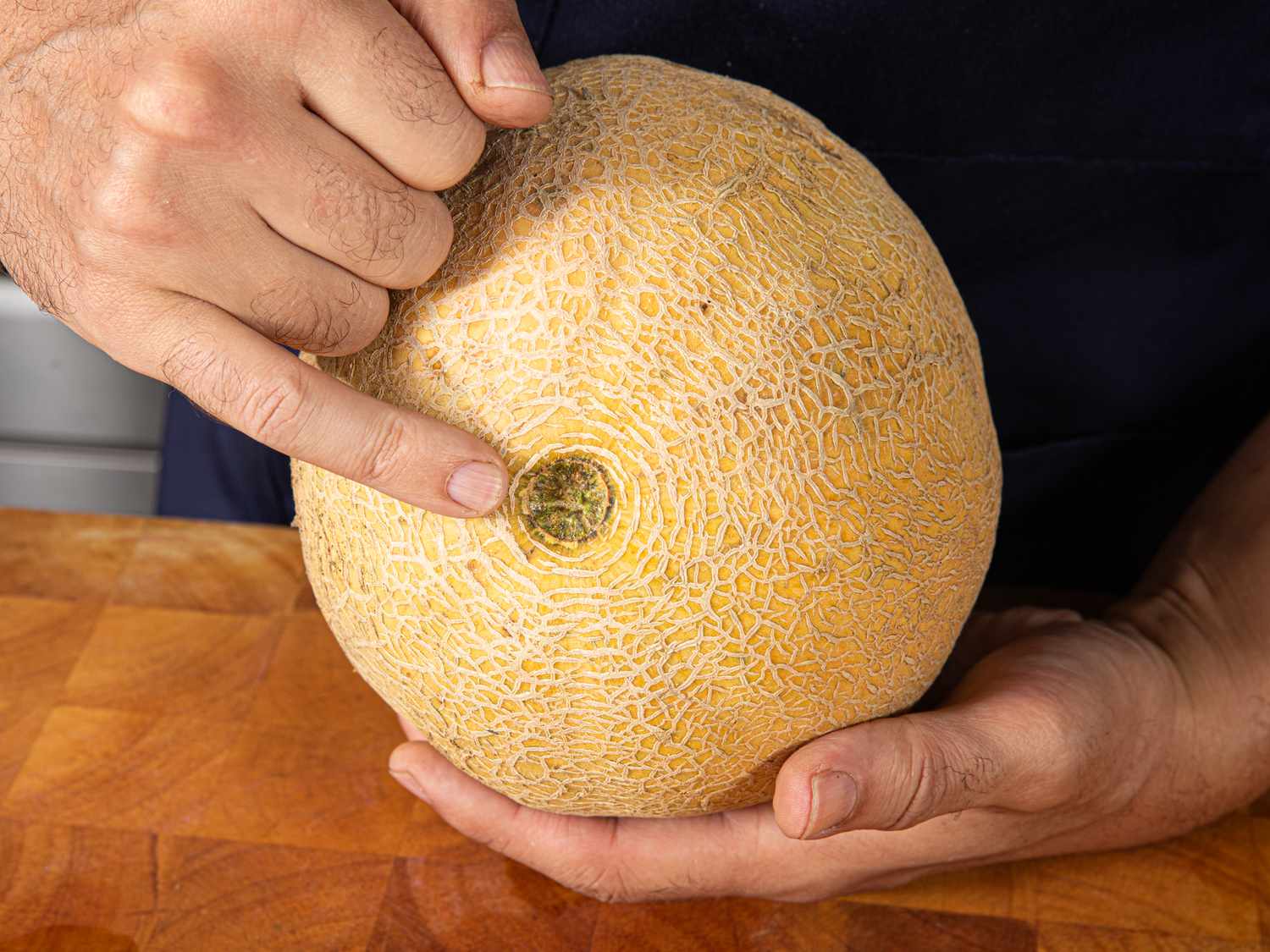 Side angle view of looking at the stem point of a cantalope