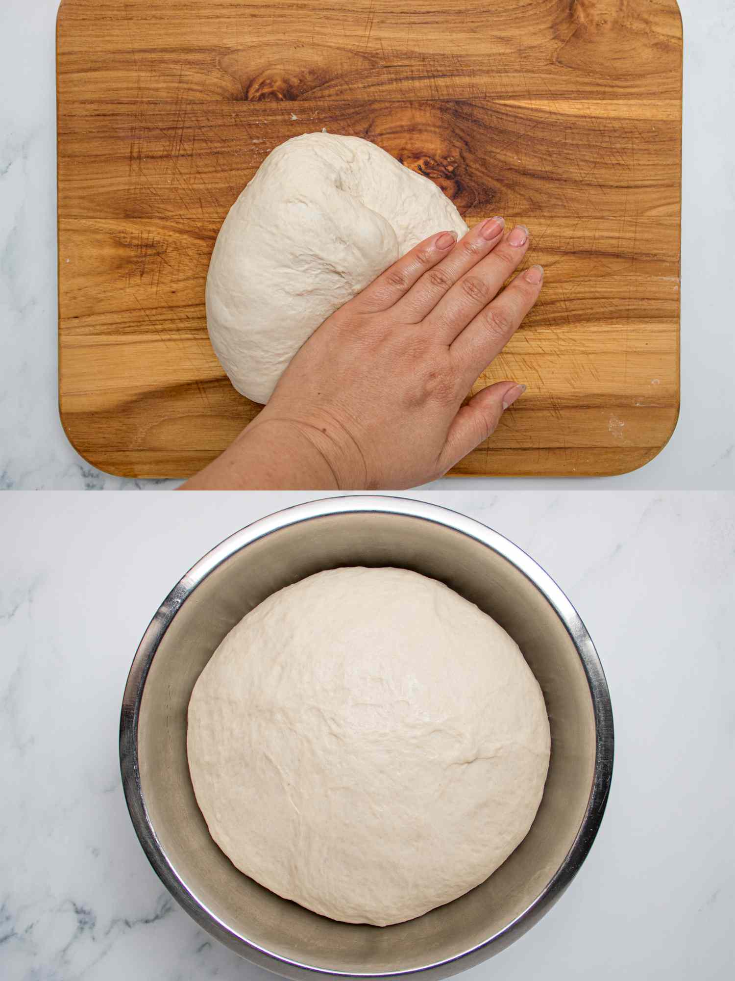 Two image collage of folding the dough by hand and dough expanded in size in bowl after it has proofed