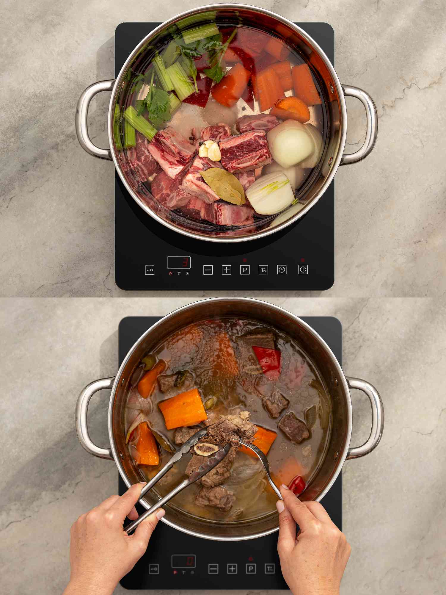 Two image collage of vegetables and meat in a pot before and after cooking