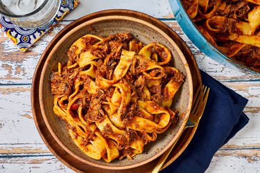 Overhead view of pappardelle with pork ragu