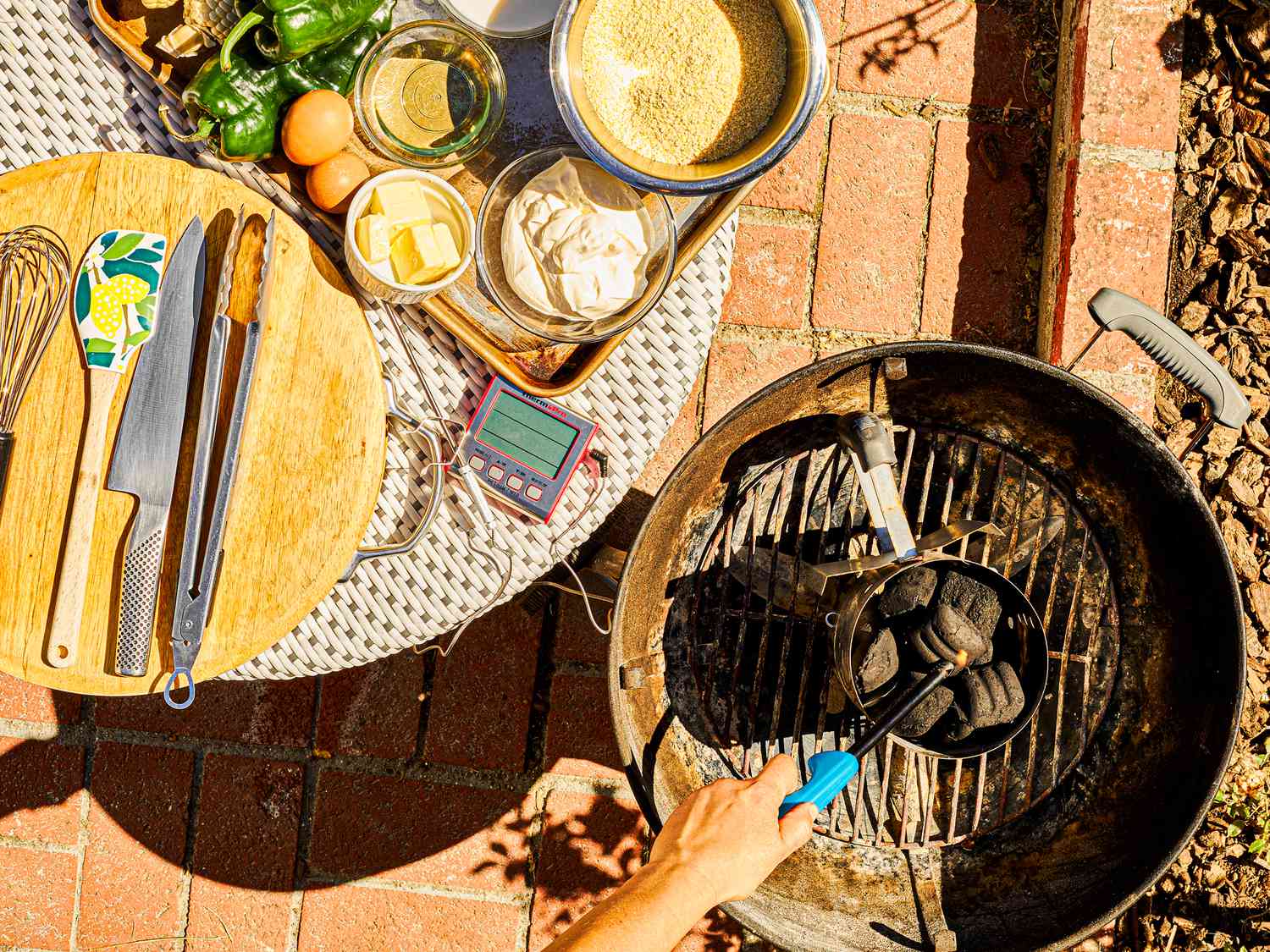 Overhead view of baking set up for grill