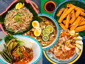 Photo Illustration of 5 Filipino dishes, overlapping and encircled by a colored ring with the dishes name on it