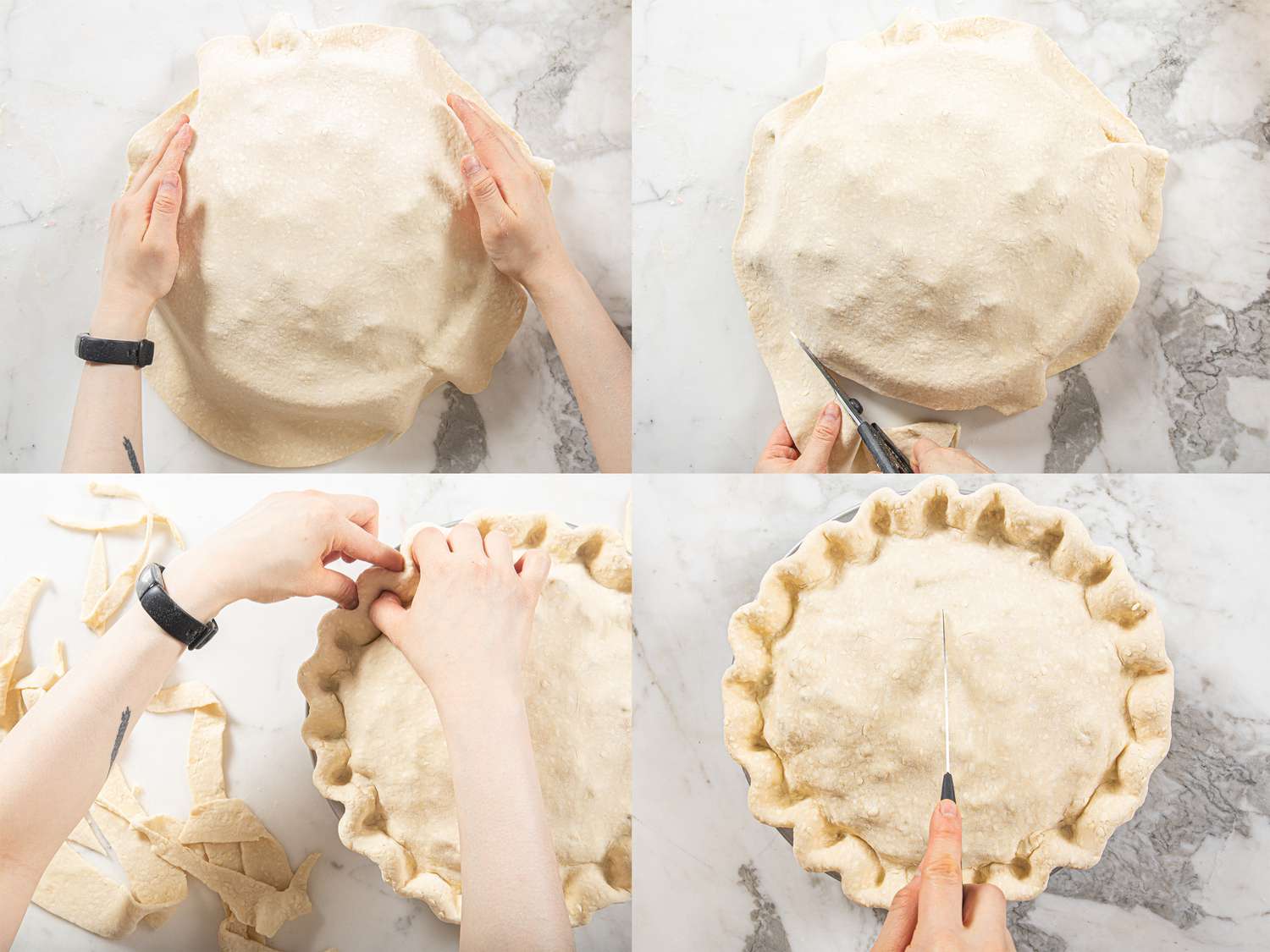 Four image collage of closing the dough, trimming edges with scissors, pinching and then creating vents in the dough