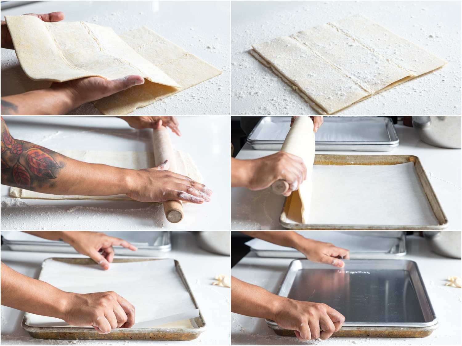 Collage of rolling out puff pastry dough for eggplant tart