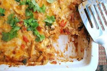 Overhot shot of King Ranch Chicken Casserole with one portion scooped out