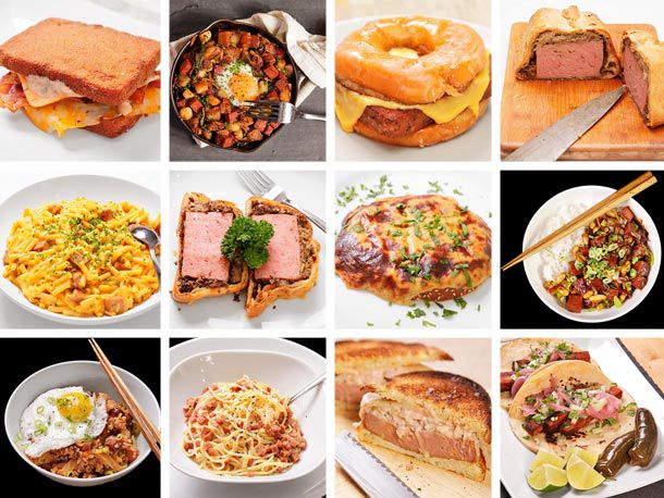 A 16-image grid depicting a medley of dishes that contain Spam.