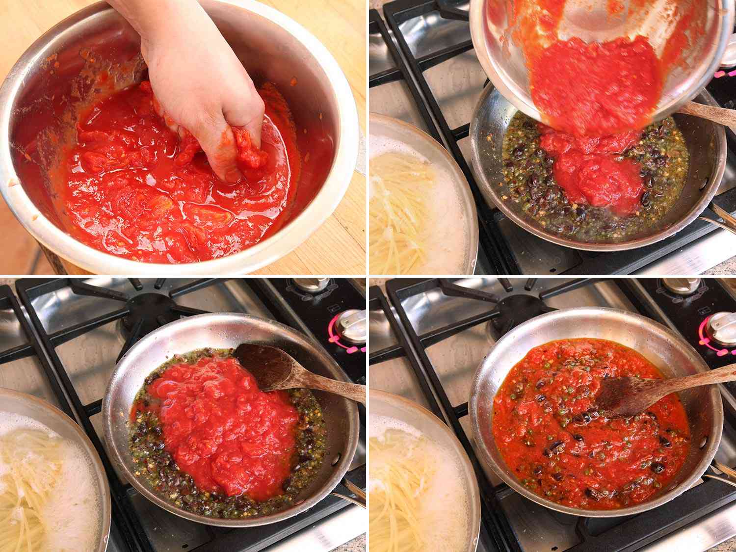 照片显示番茄粉样的番茄混合在番茄酱边，然后用番茄酱汁。