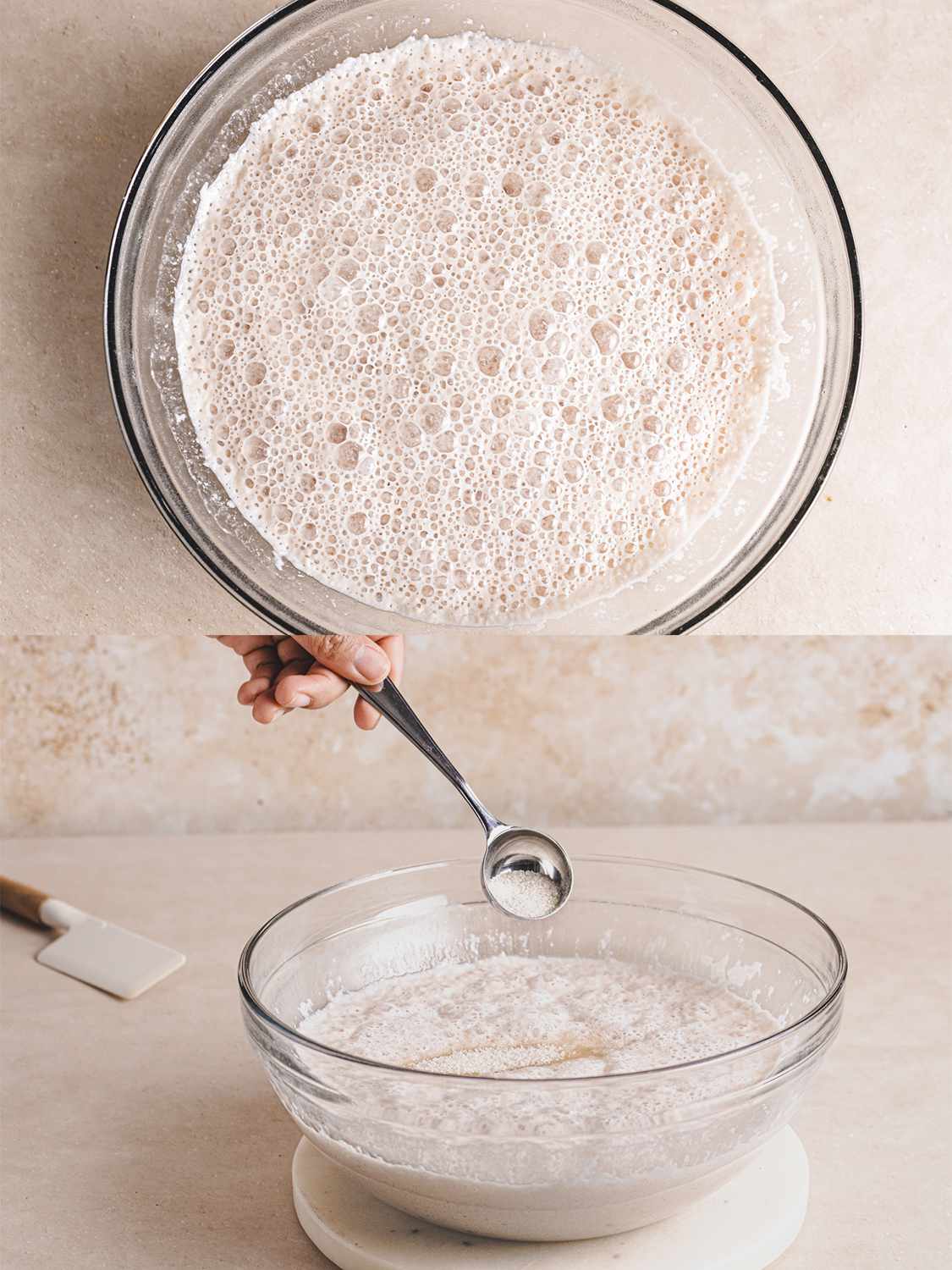 Two Image Collage. Top: Masa batter in a bowl, full of bubbles. Bottom: adding to masa batter