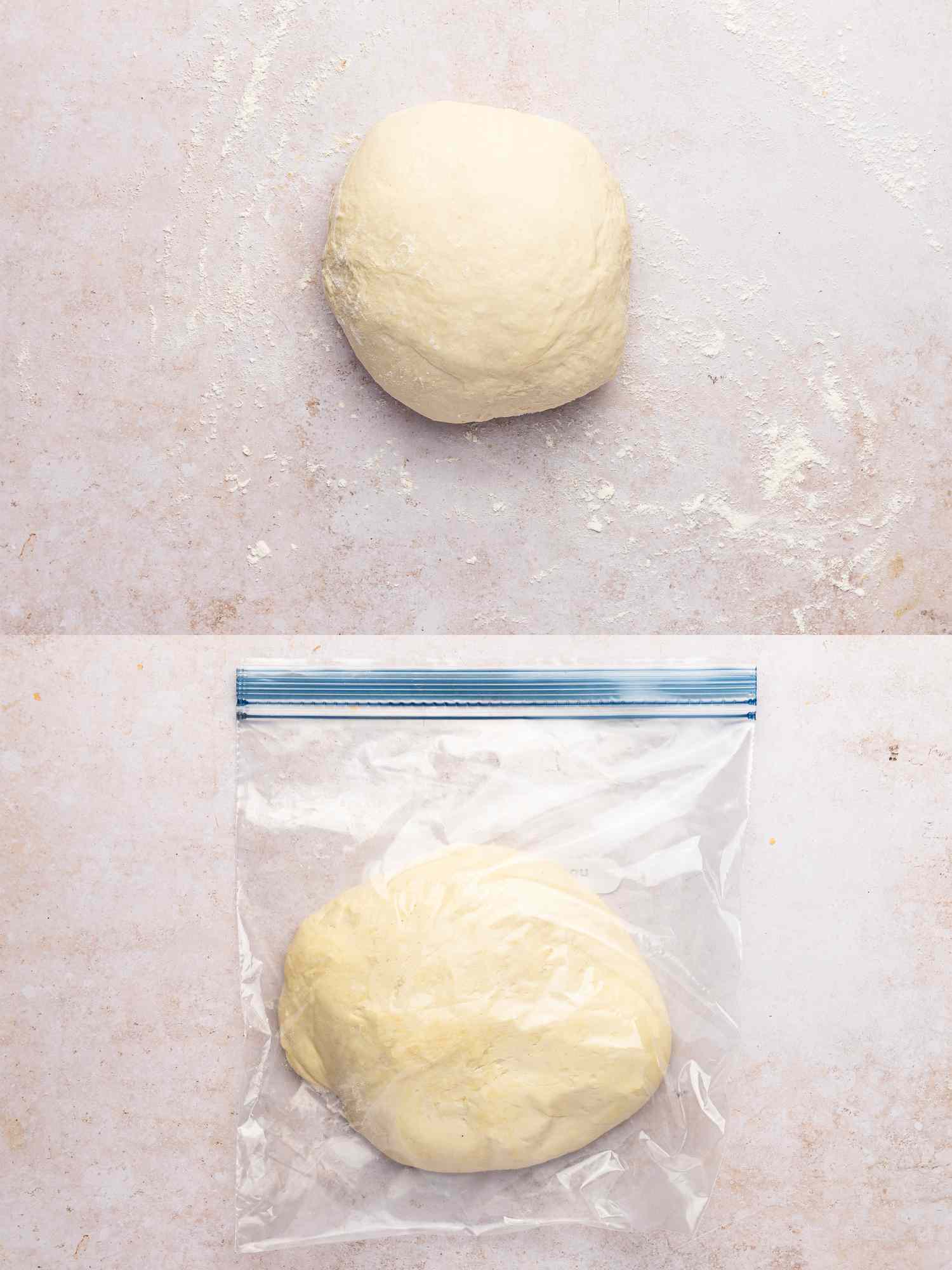 Ball of dough transferred to a gallon-sized zipper lock bag