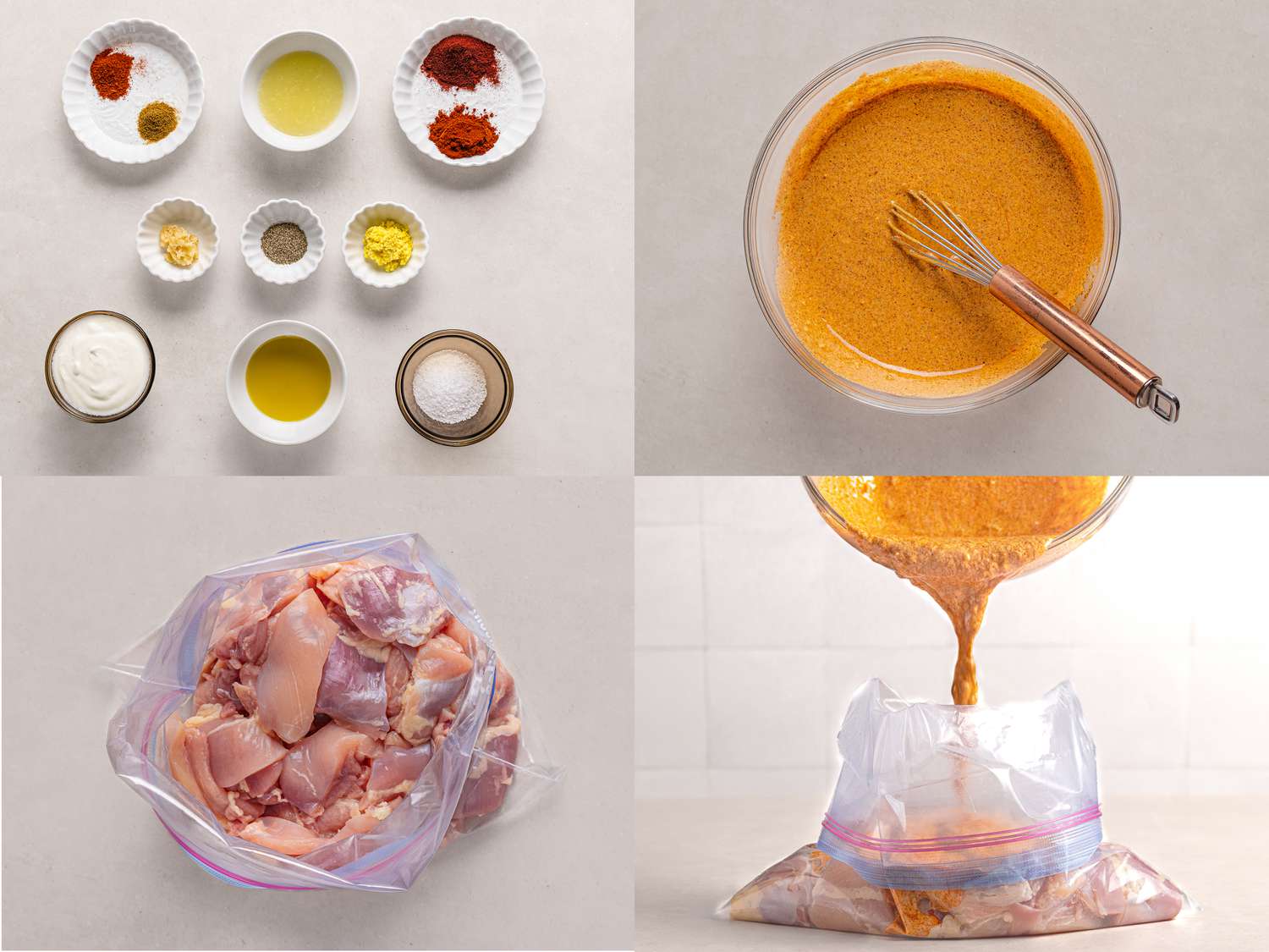 Four image collage of making the marinade and pouring it onto chicken in a plastic bag