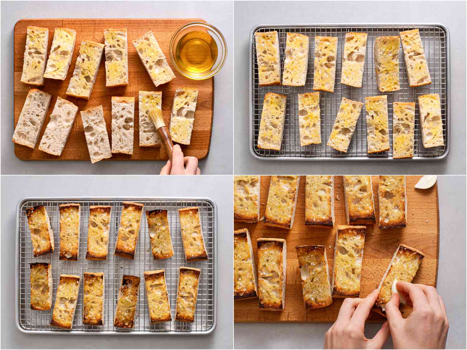 A collage of sliced bread being rubbed with oil, broiled until browned at the edges, and then rubbed with a split garlic clove.