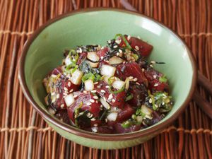 A bowl of tuna poke (Hawaiian raw tuna salad)