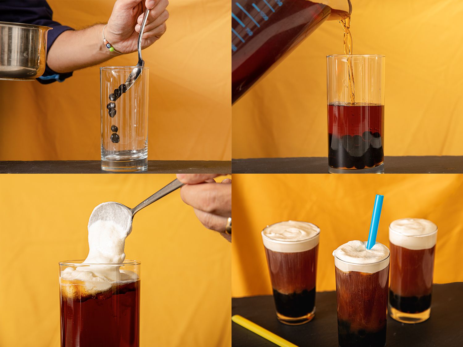 Four Image collage of cheesefoam bubble tea being assembled