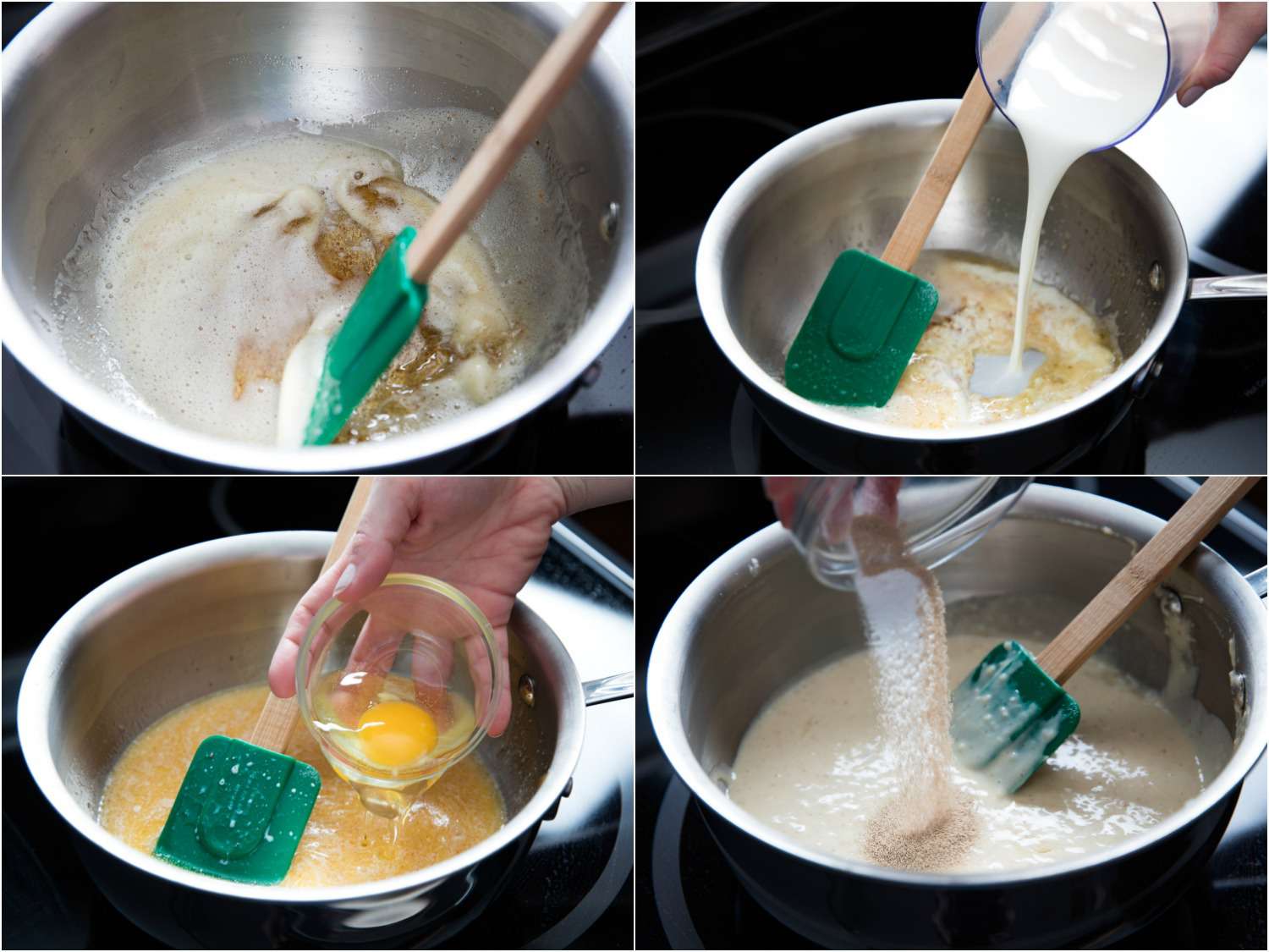 拼贴画展示了制作面糊的过程:黄油焦黄，在黄油中加入牛奶，在混合物中加入鸡蛋、酵母和面粉。gydF4y2Ba