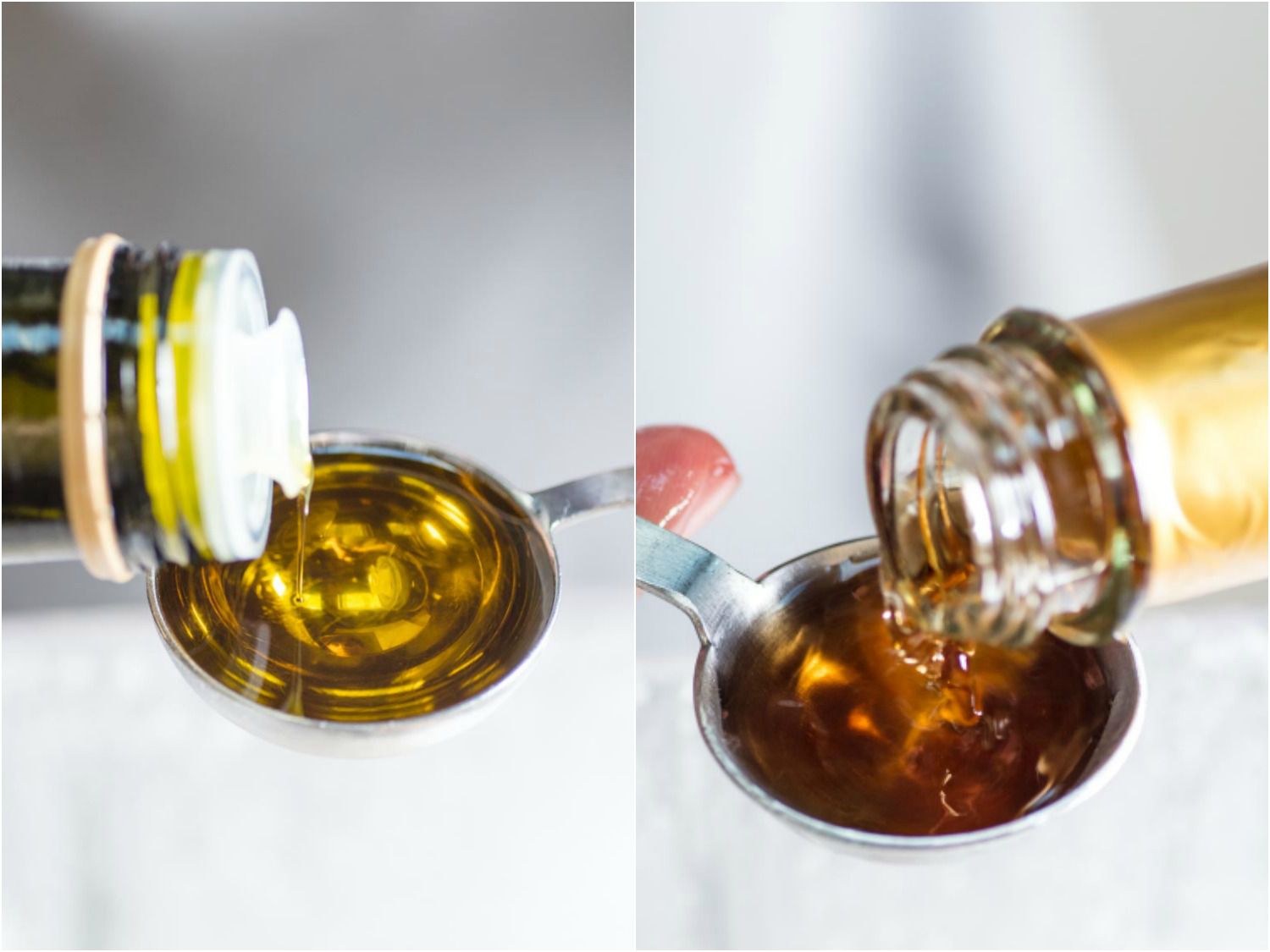 On the left: olive oil being poured into a tablespoon. On the right: sherry vinegar being poured into a tablespoon.