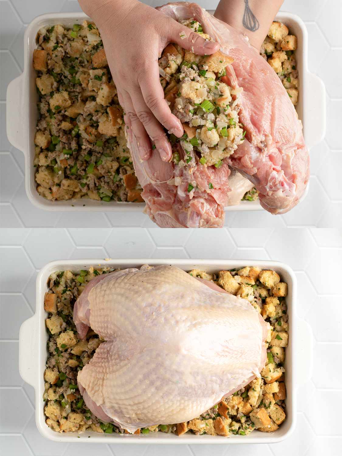 A two-image collage showing the turkey breast being stuffed with stuffing and then placed, skin-side up, on top of a stoneware baking dish holding the pre-baked stuffing.