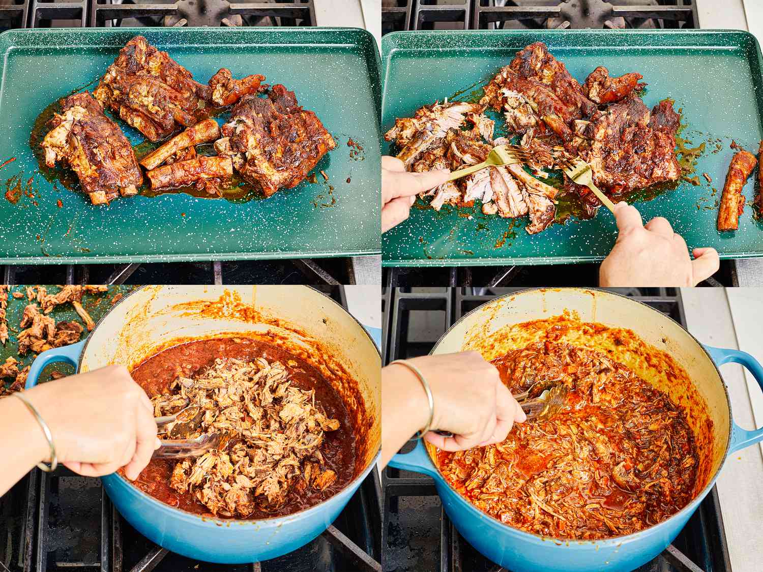 Four image collage of ribs removed, shredded, and returned to pot