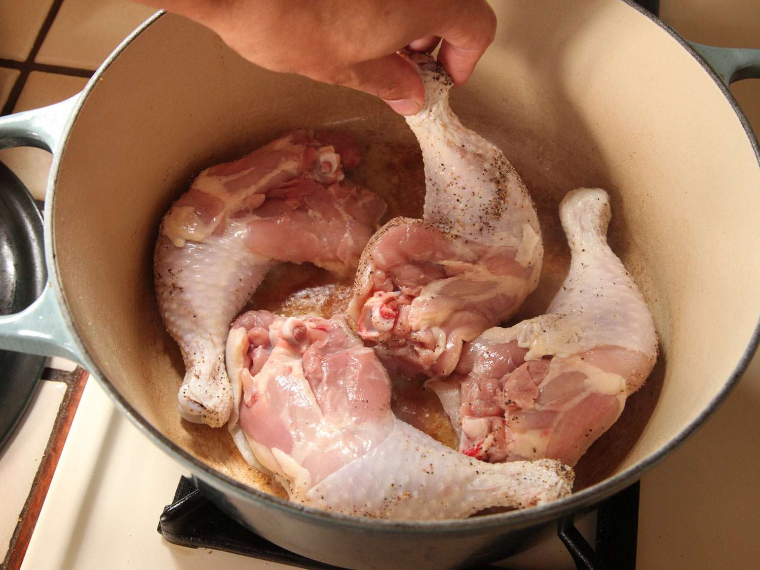 Placing whole chicken legs in a Dutch oven to brown for cassoulet.