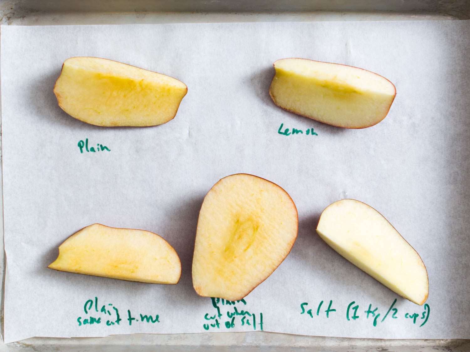 Comparison of cut apples that have been treated differently in order to prevent browning.