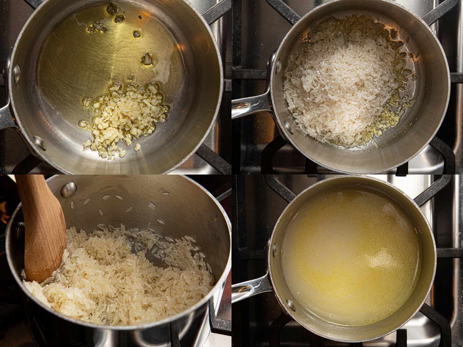 四张图片拼贴，在锅里加入大蒜、大米和高汤来煮米饭
