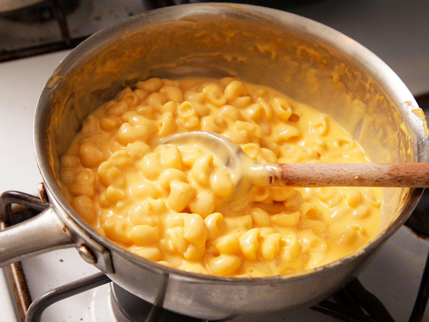 Gooey stovetop macaroni and cheese, made with American and cheddar cheeses.