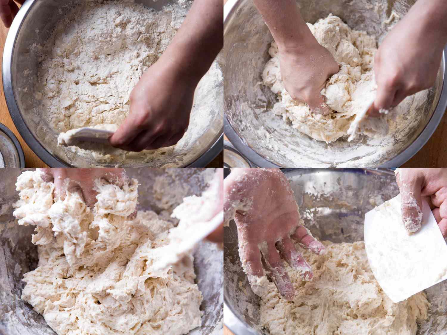 一幅拼贴画展示了一个非常潮湿和蓬松的面包面团在一个金属搅拌碗，两只手混合在一起
