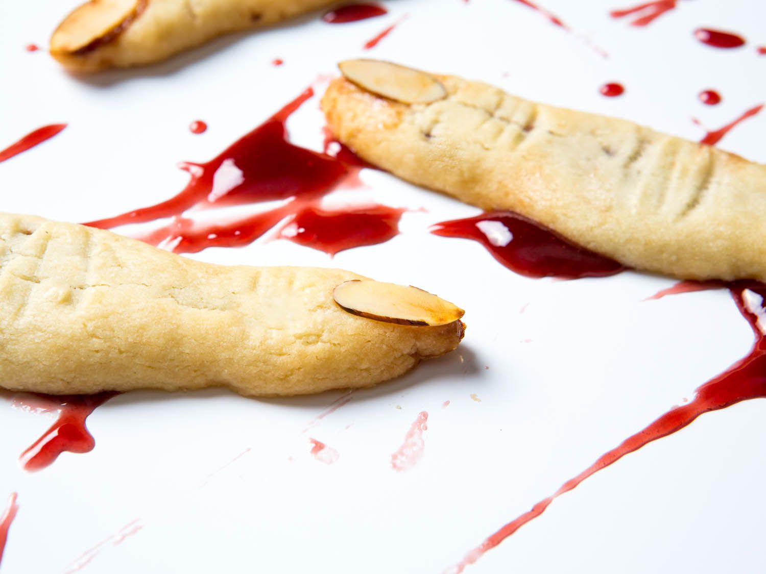 Close up view of witch finger shortbread cookies.