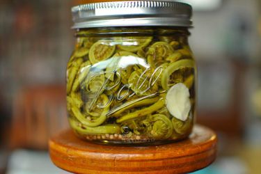 A half-pint jar of pickled fiddlehead ferns displayed on a wooden pedestal.