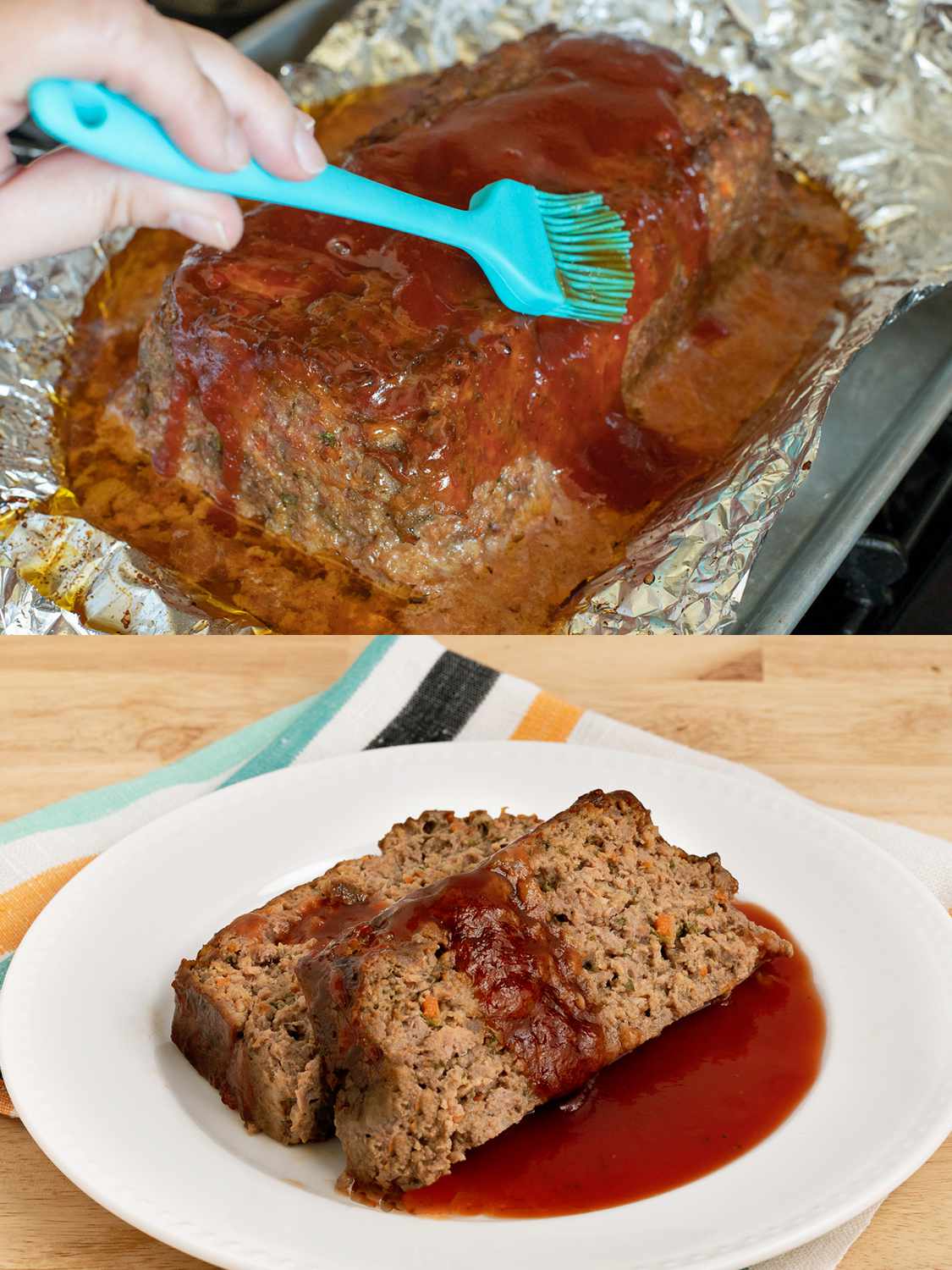 Meatloaf glaze being brushed on baked meatloaf, two slices of meatloaf served with extra glaze