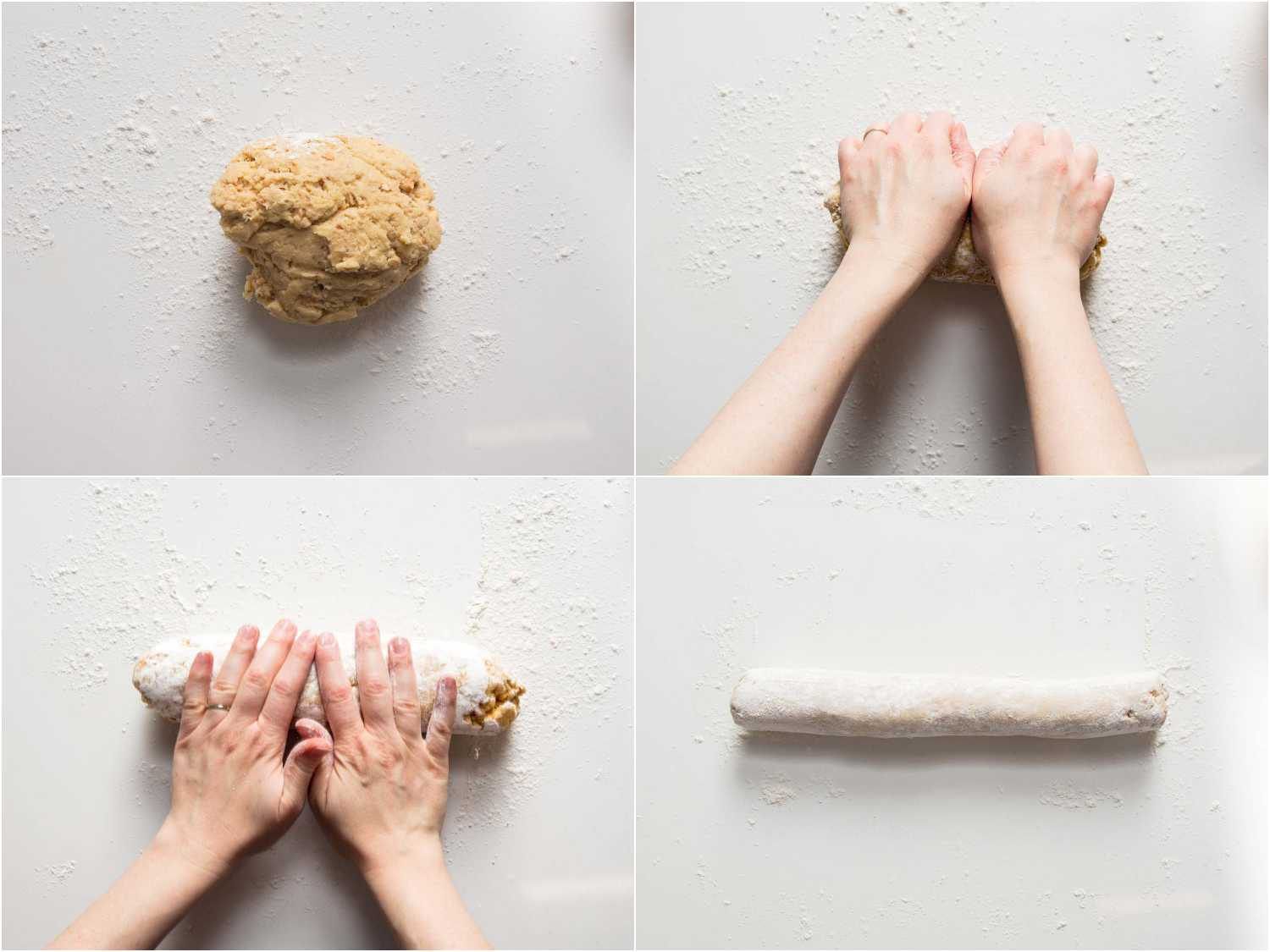 A collage showing the progress of forming the log of biscotti dough.