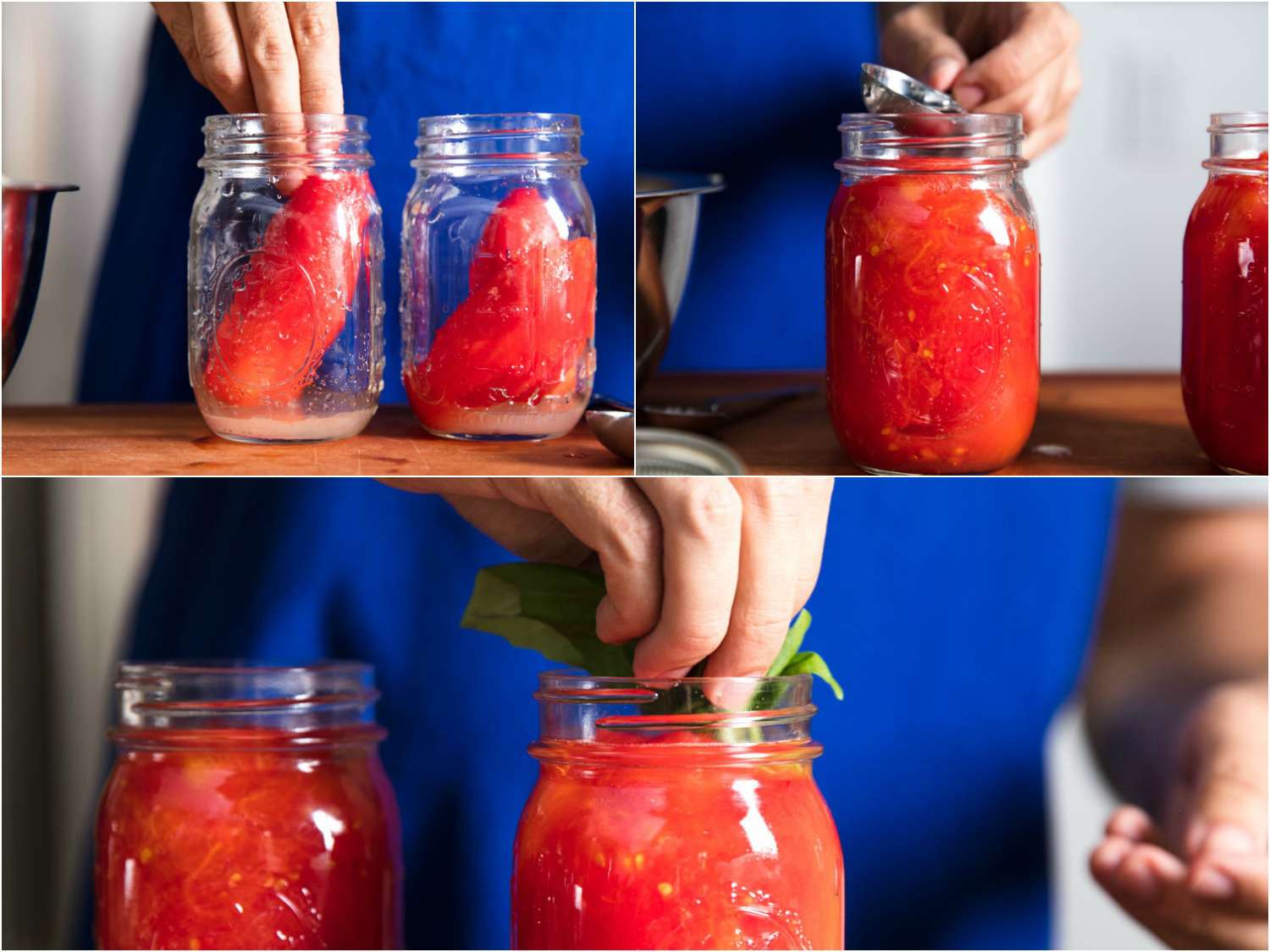 Collage of canning tomatoes: adding blanched tomatoes to jars, adding liquid to jars, adding herb sprigs