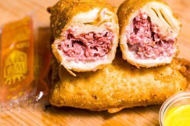 A split Detroit corned beef egg roll.