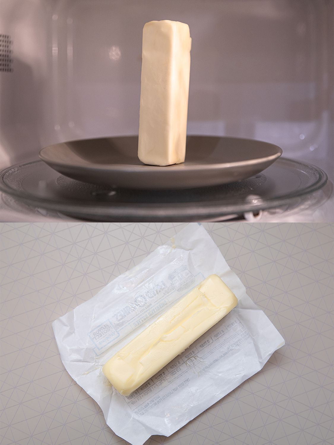 两张图片拼贴，一张是在微波炉里加热的黄油棒，另一张是在柜台上加热的黄油棒