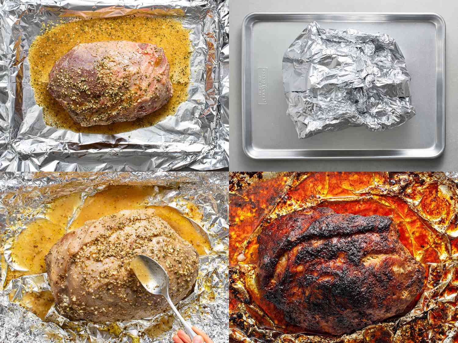 Pork shoulder roasting on a baking sheet, covered with foil, then basted with extra sauce