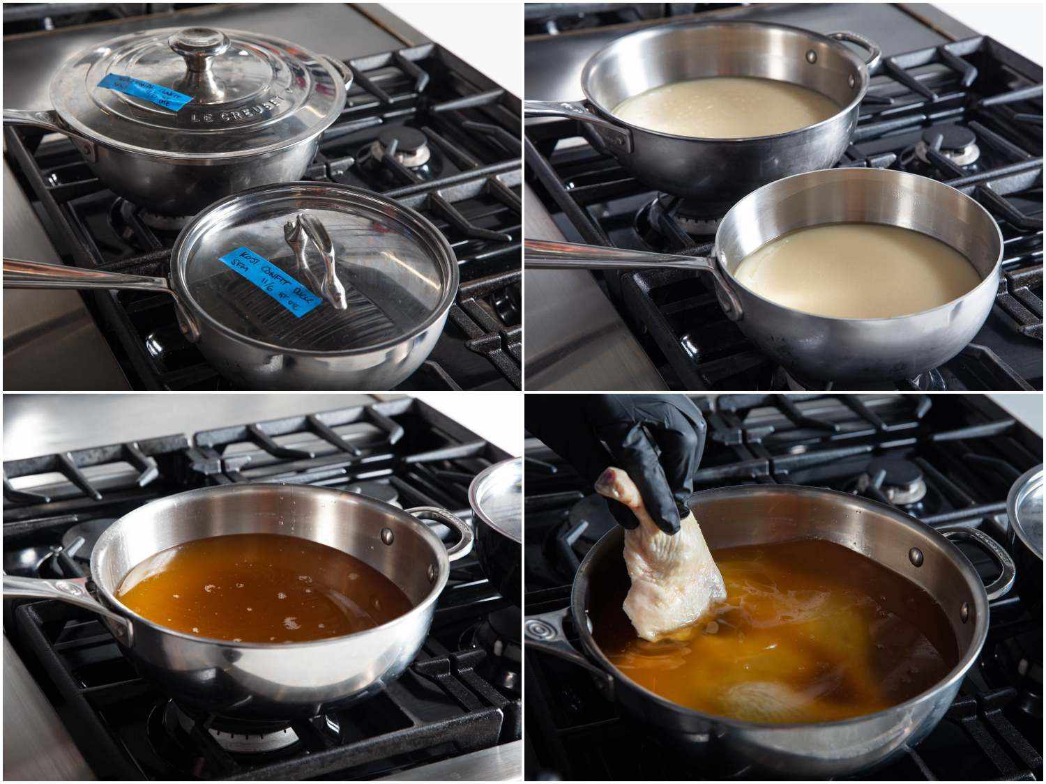 在炉子上的平底锅里融化鸭油，然后加入生鸭腿做油封的拼贴照片。
