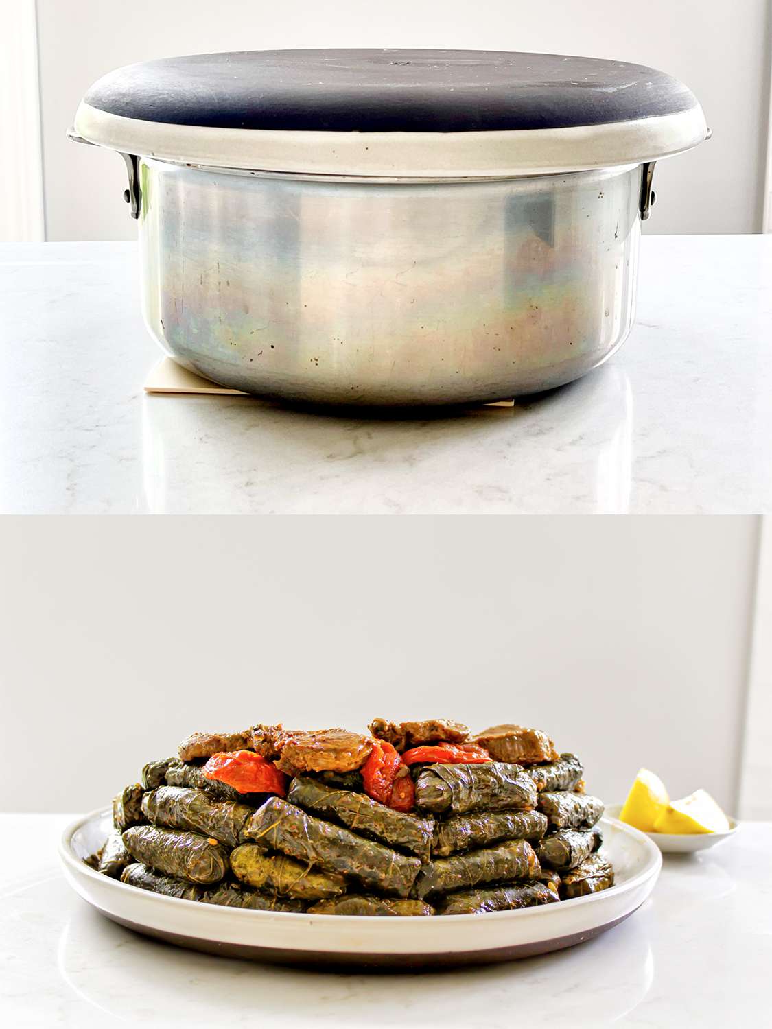 两个图像拼贴。顶部:锅与浅盘放在盖上。下:翻过来的装满葡萄叶的盘子，上面是肉和西红柿