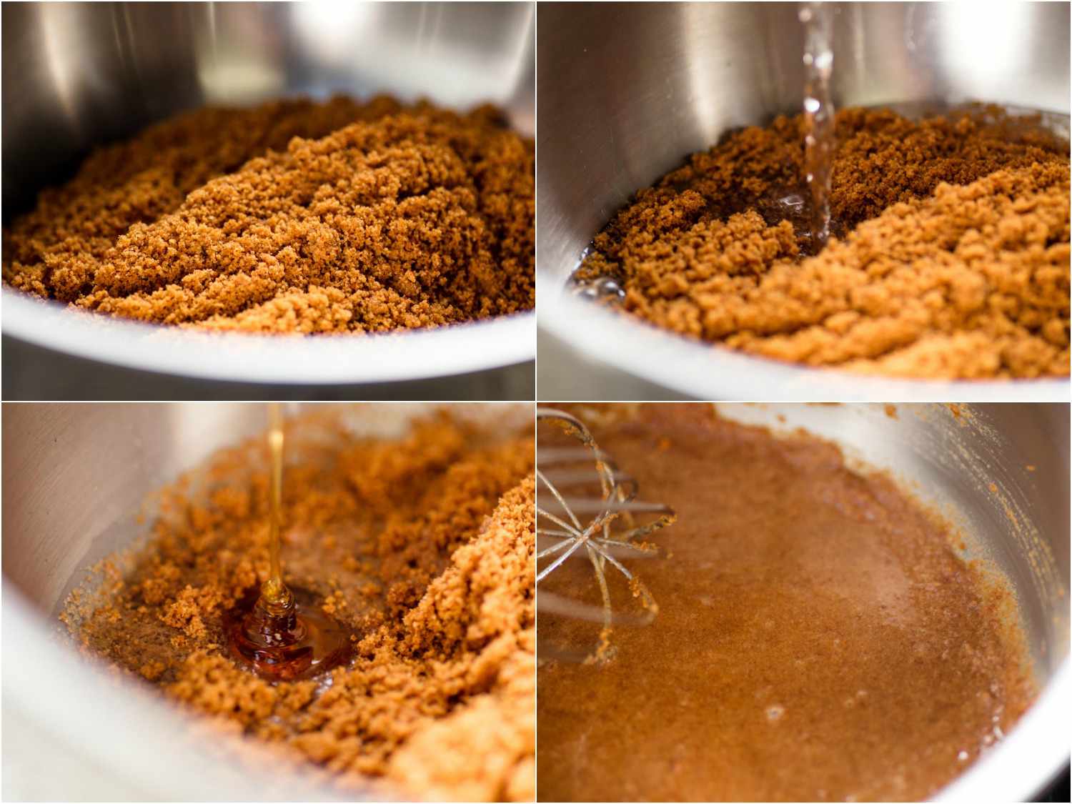 一幅拼贴画，显示碎Biscoff饼干被水溶解，与糖浆混合，并用搅拌器在平底锅中搅拌。gydF4y2Ba