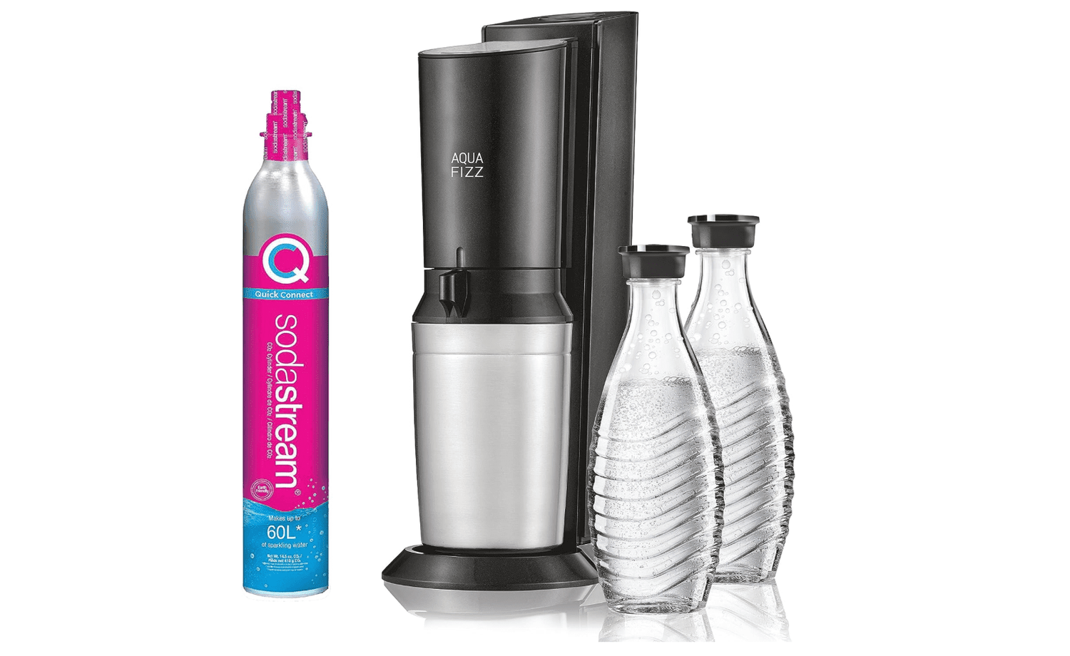 A soda maker, two glass bottles, and a CO2 cartridge