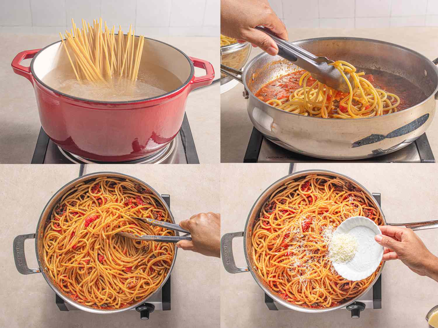 Four image collage of cooking pasta, adding it to sauce, stirring and adding cheese