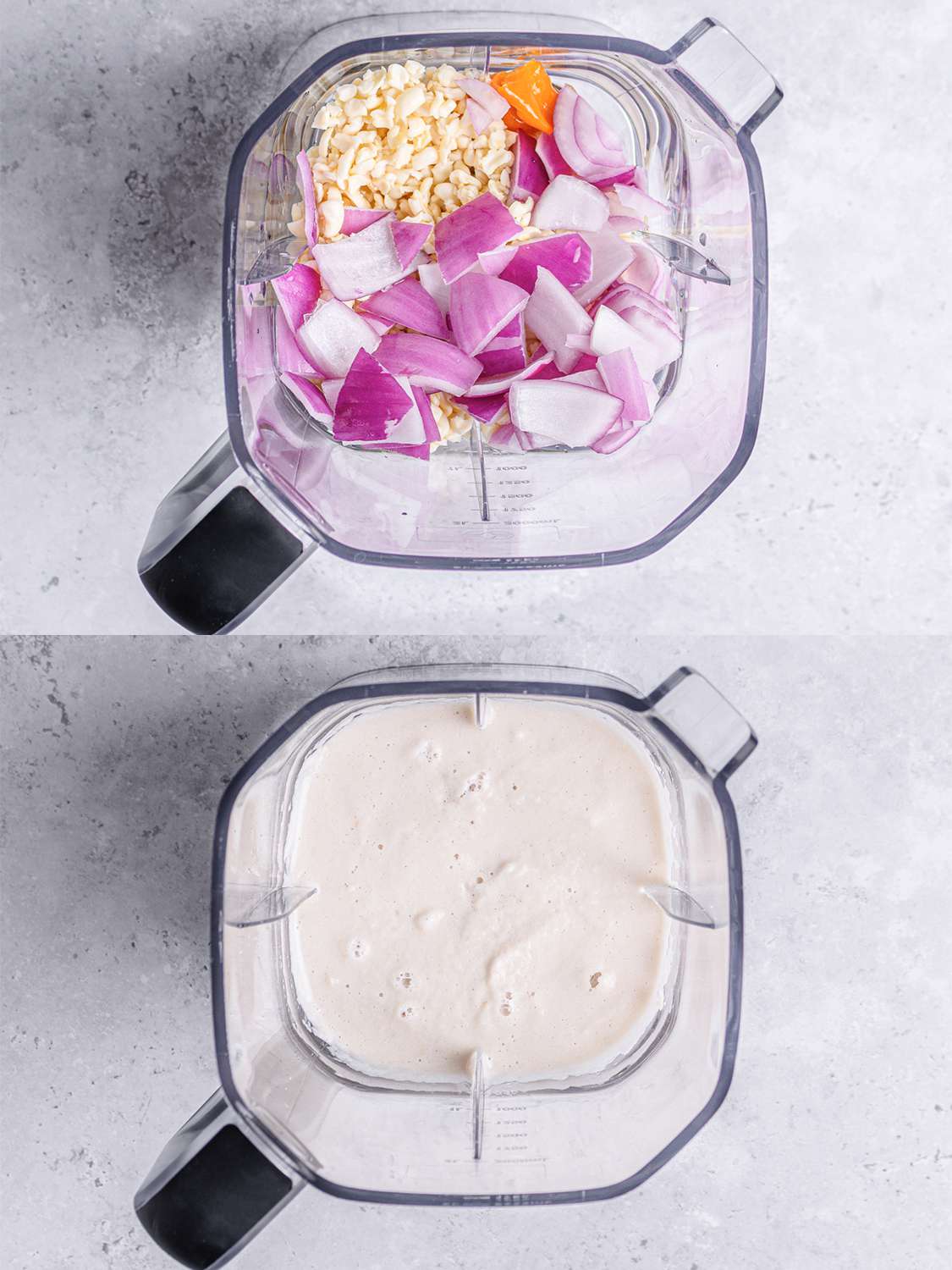 Two image collage. Top: Onions, peppers, peas and spices in a blender. Bottom: Blended mixture in blender